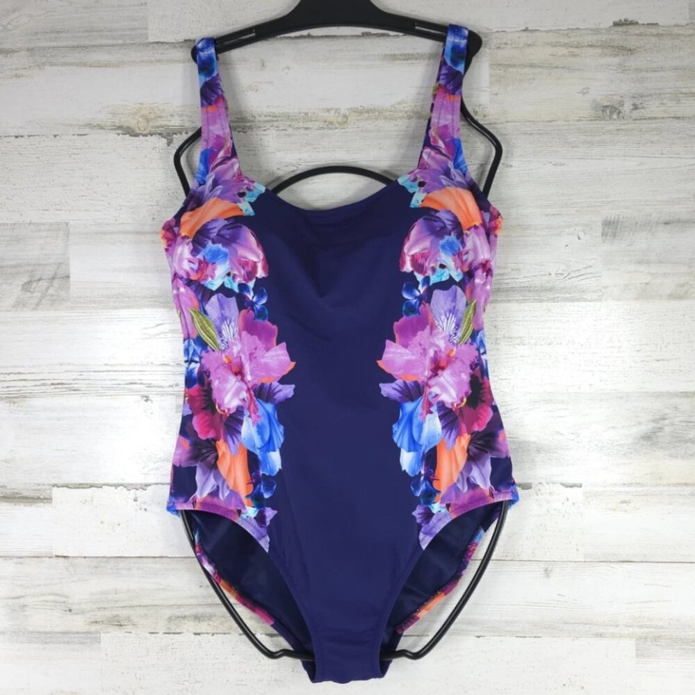 LANDS END ONE PIECE BLUE PINK FLORAL SWIMSUIT WOMENS SIZE 14 SCOOPBACK WIRE FREE